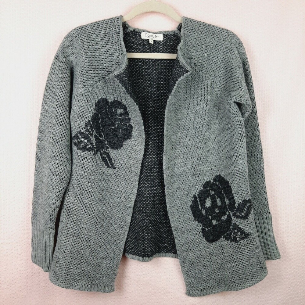 Cocogio Made in Italy Womens Gray Open Front Cardigan Wool Blend Roses Size M